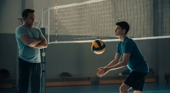 Pai acompanhando um jovem atleta em quadra